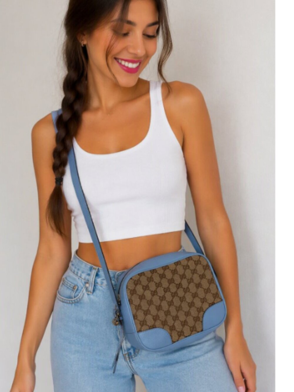 Excellent Condition Gucci Bree Brown and Baby Blue Crossbody Bag